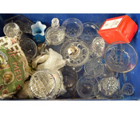 A selection of glassware, including a number of cut glass trumpet vases, decanters, a set of etched wine glasses, a letter ho