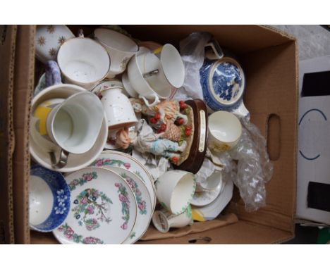 A box of ceramics, to include a Wedgwood 'Willow' teapot, a set of handpainted Myott teacup and cream jug, a retro/1970s set 