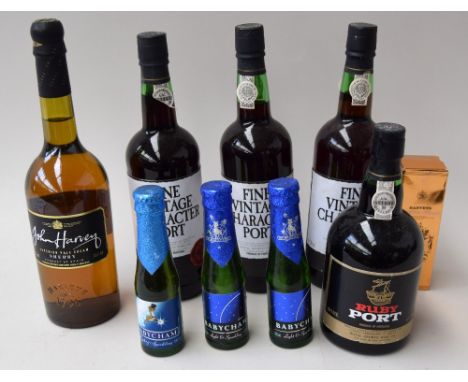Three bottles of Babycham (100ml each); John Harvey Pale Cream Sherry (75cl); Harvey's Bristol Cream (Boxed 10cl); Royal Opor