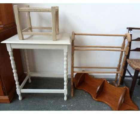 A vintage towel rail together with a small stool, a shelving unit and a white painted side table 72cmH