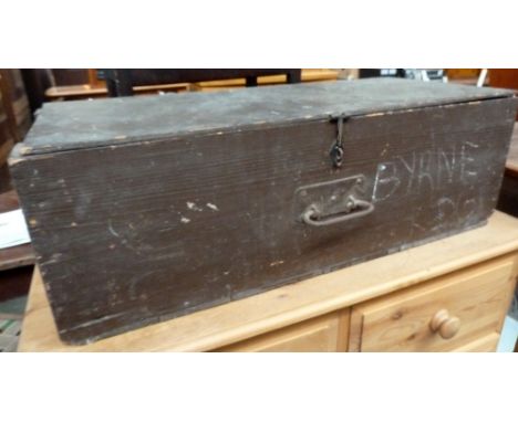 A painted pine work box containing a quantity of vintage tools, 77 x 34 x 26cmH