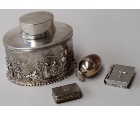 A selection of silver items: a silver flask with repousse pastoral scenes around the body, Nathan & Hayes, Birmingham 1893, t