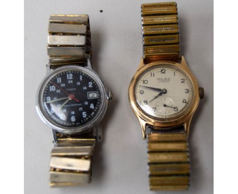 A Majex gold gentleman's wrist watch with inscription and plated strap, circa 1964, together with a Timex plated watch
