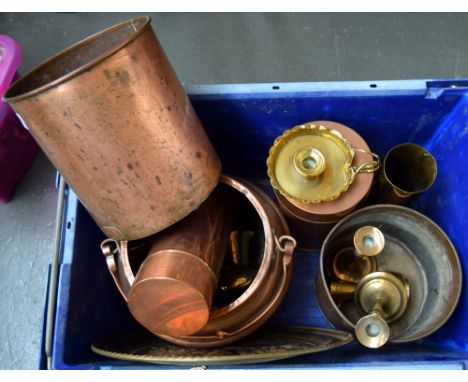 A box of copper and brass items, including a number of shell cases, two small etched Indian vases, an oil lamp and a tray wit