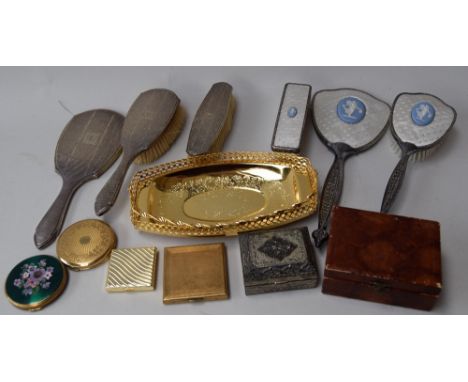A vintage white metal monogrammed vanity set consisting of mirror, brushes and comb, another vanity set decorated with jasper
