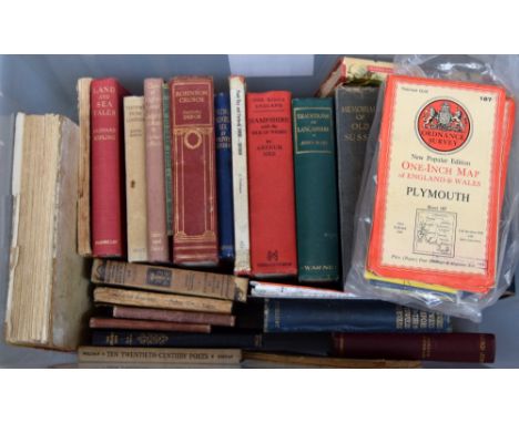 A collection of mainly travel and topographical books, vintage one inch OS maps, and some titles of local interest to Dorset