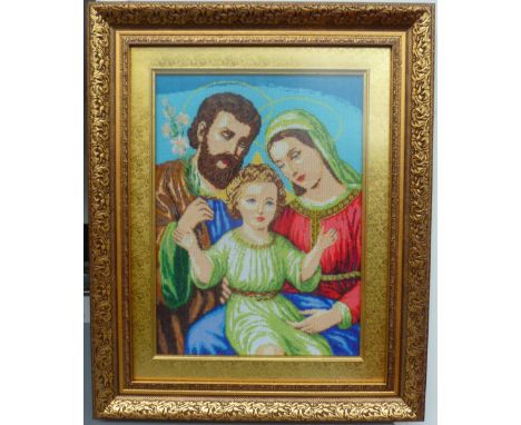 A quantity of pictures and prints including a framed tapestry of the holy family along with aprint entitled Green Shutters, 2