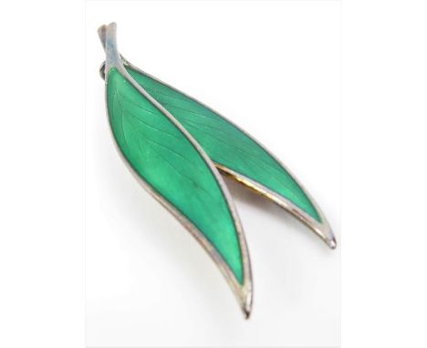 David Andersen - a mid-20th century silver and green enamel brooch in the form of two leaves, marked to the back D-A 925S NOR