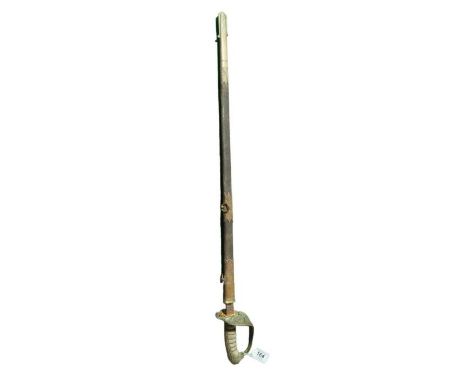 A Royal Navy sword with brass lions head pommel, wire bound shagreen grip, etched blade and in brass bound leather scabbard w