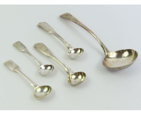A George III silver ladle, London 1816, along with sterling silver condiment spoons, 115 grams 