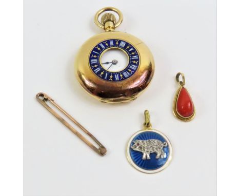 A small continental gold half hunter pocket watch, the front outer case with blue, white and gold enamel decoration, marked '