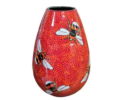 A Poole pottery studio vase with bumble bee decoration by Nicola Massarella, with certificate and box, 24.5cms high