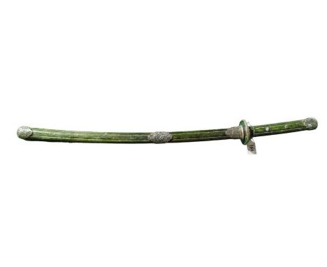 A Japanese sword with decorative white metal mounts and with green stained wood grip and scabbard, overall 89cms long