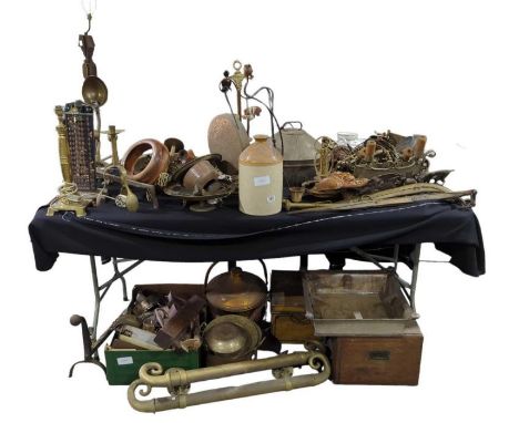 An interesting collection of items including a pair of heavy brass hand rails, painted plaster lion on crown, angle poise lam