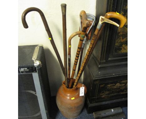Terracotta pottery baluster shaped jug containing a number of walking sticks and a shooting stick.  (8)