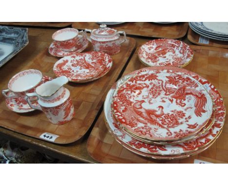 Two trays of Royal Crown Derby English bone china 'Red Aves' items to include: teacups and saucers; side plates; sandwich pla