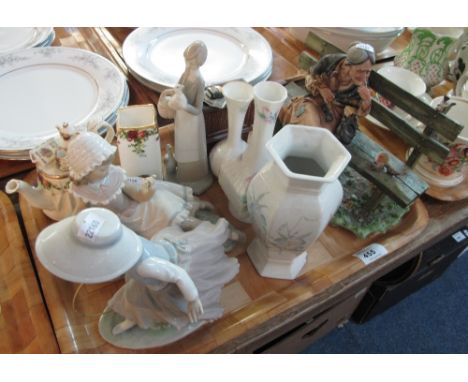 Tray of assorted china to include: Capodimonte figure of an old lady on bench, marked G. Palcott; Royal Winton and Aynsley va