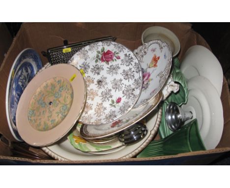 Box of assorted china to include: blue and white and other dinner plates; cake stands; large Copeland basin; Art Pottery vase