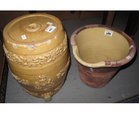 Stoneware moulded spirit or beer barrel together with vintage pottery lipped creaming pan. (2)