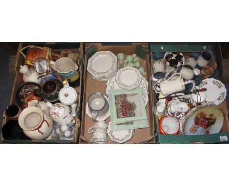 Three boxes of assorted china to include: collectors plates; part teaware; pottery goblets; hunting design place mats; Johnso
