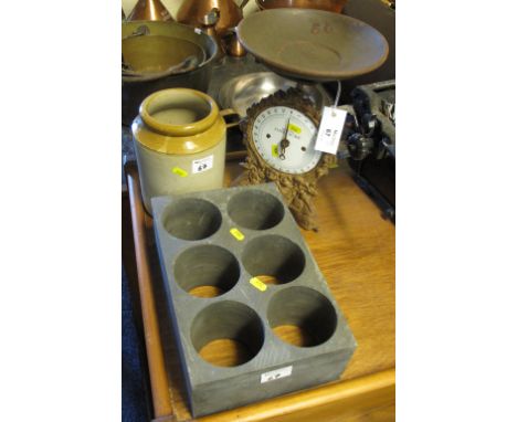 Set of cast metal 'Improved Family Scales' with enamel face, a slate wine bottle holder and a stoneware jar.  (3)