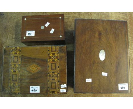 Late 19th Century rosewood mother-of-pearl inlaid box with fitted interior together with 19th Century parquetry inlaid box an