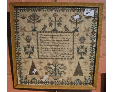 19th Century framed needlepoint sampler by Ellen Barnes, 1843.  Framed and glazed. (distressed). CONDITION REPORT: 32 x 32cm.