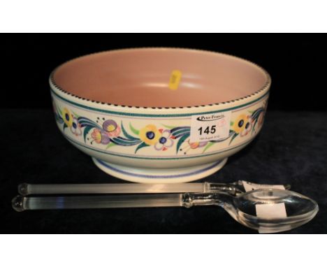 Poole pottery circular pedestal bowl together with salad servers. (3)