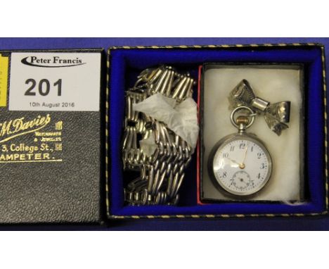 Silver gate bracelet and silver fob watch with bow design bar brooch in box.