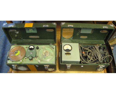 E.M.I. portable military style reel to reel tape recorder together with similarly cased battery pack with amp meter and headp