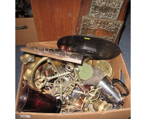 Box of assorted items to include: pipe hanging stand with assorted pipes; brass and oak letter and papers rack; various metal