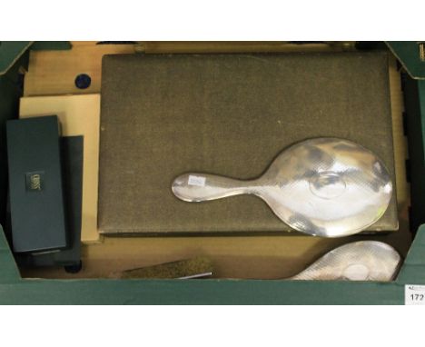 Box containing cased vintage lady's dressing table set, silver vanity mirror, two brushes and white metal comb, cased Cross p