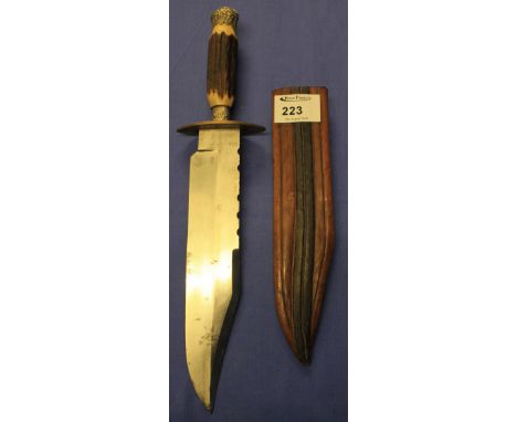 English made stainless steel Bowie knife by G.T. Skelton of Sheffield, having brass guard and white metal mounted horn handle