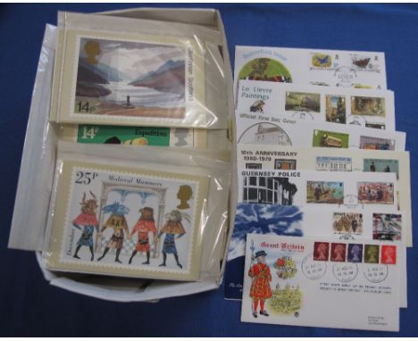Shoebox of various First Day Covers, stamps to include GB and Channel Islands and sets of Post Office Cards.