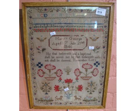 19th Century tapestry needlepoint sampler by Mary George, aged 7, 1846.  Framed and glazed. CONDITION REPORT: 45 x 33cm.
