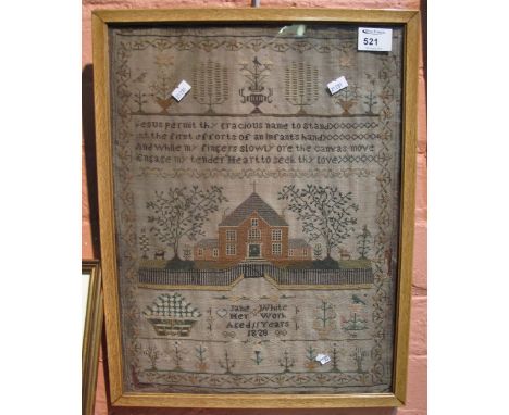 Early 19th Century framed needlepoint sampler with religious text, by Jane White, aged 11, 1828.  Framed and glazed. CONDITIO