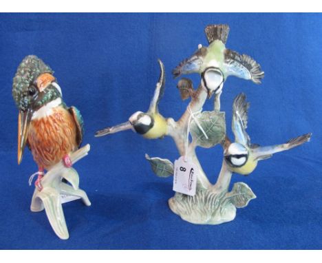 W. Goebel china Kingfisher on branch, printed marks, Impressed 'CV 123, 1972' and printed label, together with W. Goebel chin