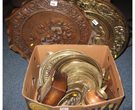 Box of assorted metalware to include: various brass repousse plates depicting ships; brass candlesticks; copper jug; Llanelly