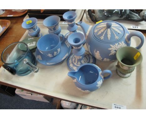 Tray of Wedgwood Jasperware items to include: glass mug with horse panel; teapots; Campana urn; candlesticks; cream jug; cup 