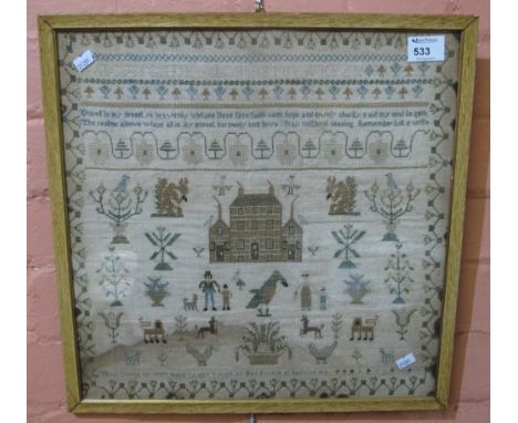 Early 19th Century needlepoint sampler by Elinor George, aged 14, dated: 1817.  Framed and glazed.  (Stained). CONDITION REPO