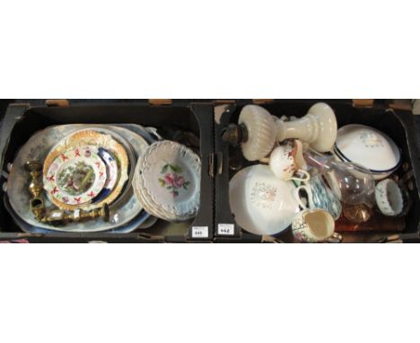 Two boxes of assorted miscellaneous items to include: milk glass oil lamp and funnel; assorted cabinet plates; blue and white