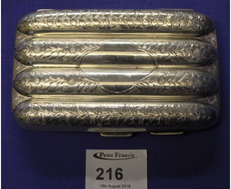 Silver, florally engraved, four section cigar case, Birmingham, 1903, maker's initials: J.C. CONDITION REPORT: Good overall c