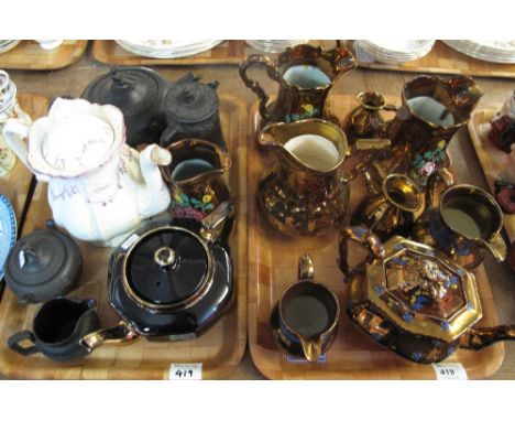 Two trays of assorted china to include: various copper lustre dresser jugs; copper luster teapot and other teapots; Wedgwood 