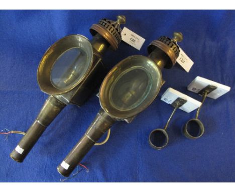Pair of brass carriage lamp wall lights with brackets, converted to electricity.