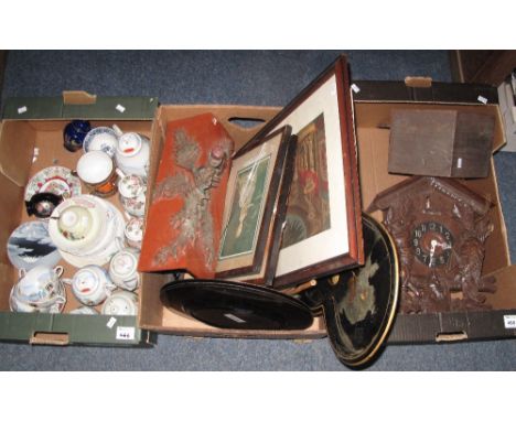 Three boxes of miscellaneous items to include: Bavarian type cuckoo clock and another smaller; Aeron Pottery thistle design m