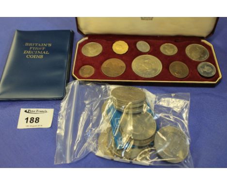 Bag of assorted coins to include: Coronation set, Elizabeth II crowned 2nd June, 1953; Britain's First Decimal Coin set; Crow