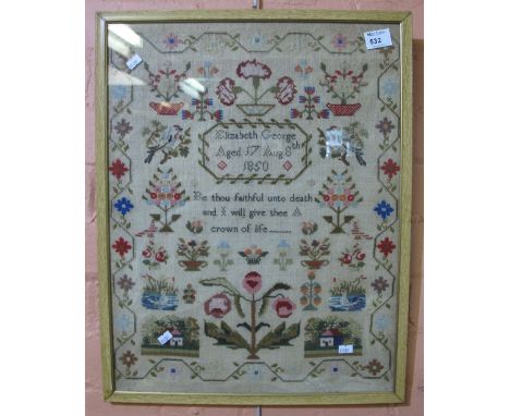 Mid 19th Century needlepoint sampler by Elizabeth George,aged 17, 1850. Framed and glazed. CONDITION REPORT: Good condition o