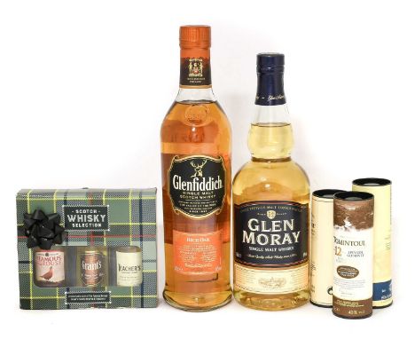 Glen Moray SIngle Malt Whisky, 40% vol 70cl (one bottle), Glenfiddich Rich Oak Single Malt Scotch Whisky, 40% vol 70cl (one b