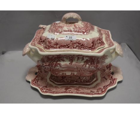 A large lidded soup tureen having spill plate and ladle by Masons in the Vista pattern