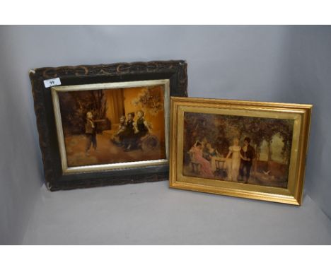 Two vintage crystoleum including Georgian picnic scene and children playing